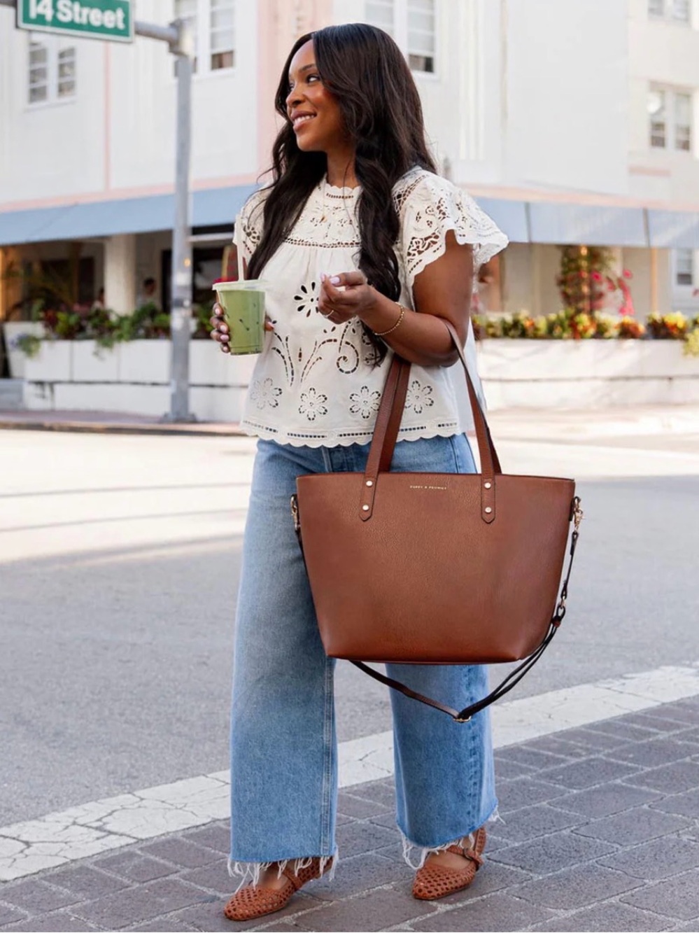 Poppy & Peonies Brown Leather go-getter Laptop Tote - Picture 7 of 15